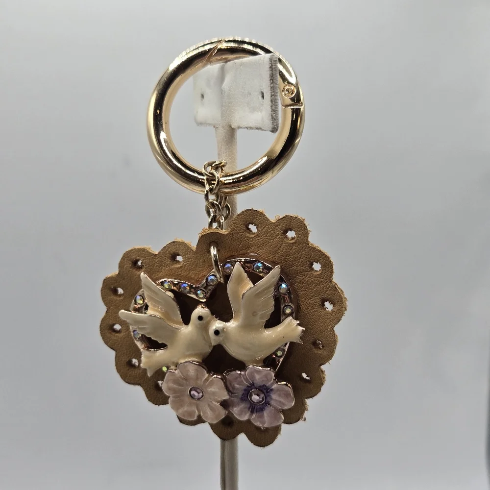 Love birds Dove Heart Crystal Bag Charm Keychain Key Ring Coquette Leather - Picture 3 of 5